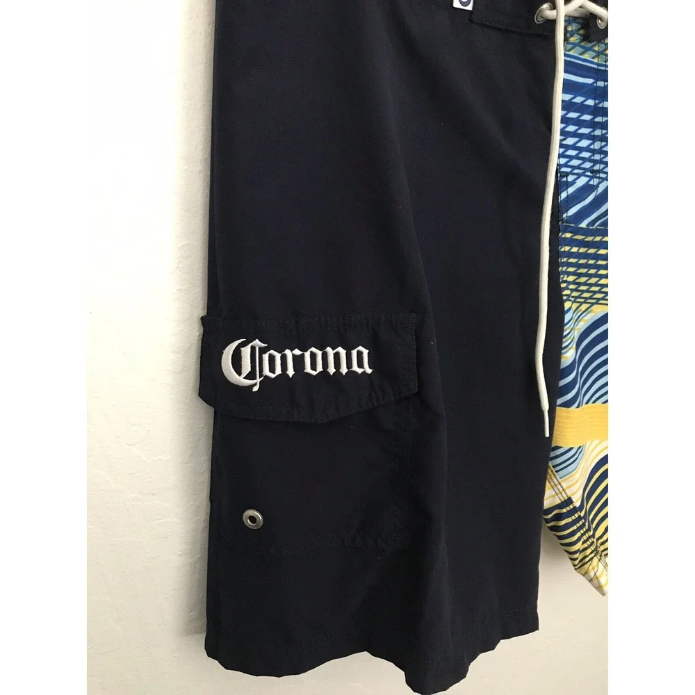 Corona Mens Board Shorts Blue Spellout Swim Beer Drawstring Pocket Sz L Flaw